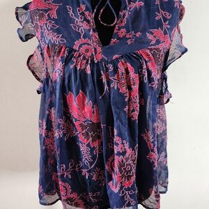 Lucky Brand Navy and Pink Floral Blouse